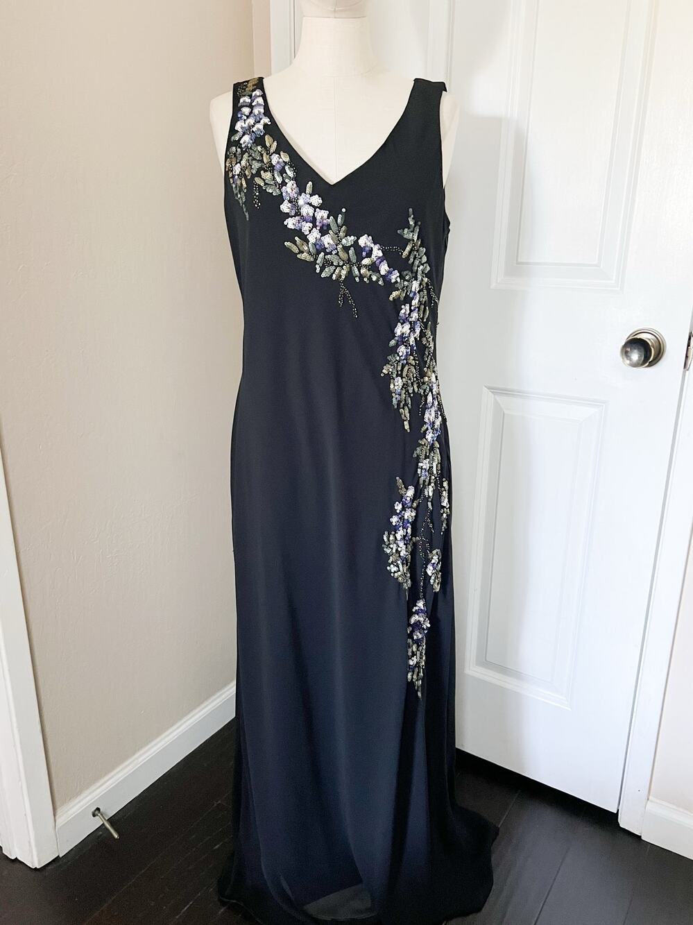 Alex Evenings Dress Bead Sz 14 Black Flowers 90s Y2K Sleeveless Whimsigoth Fairy